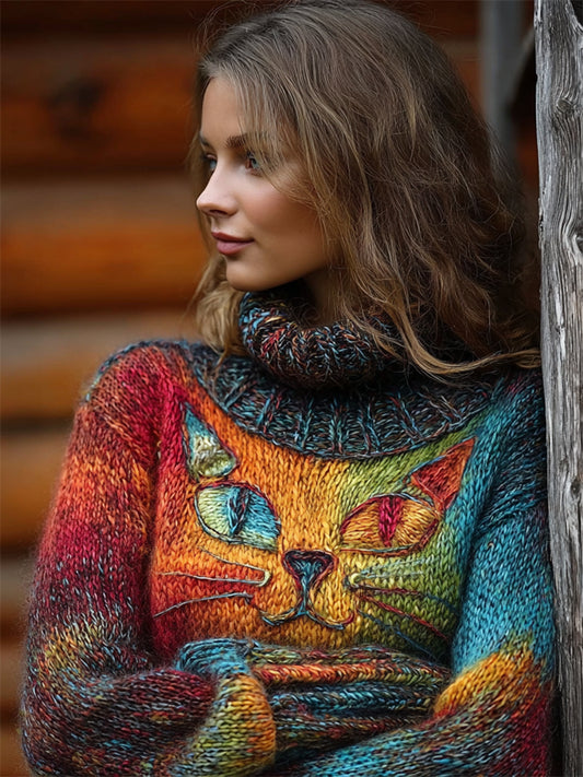 Comstylish Vintage Cat Face Gradient Colorful Cozy Chunky Turtleneck Sweater
