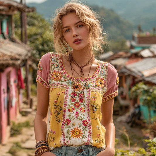 Comstylish Women's Bohemian Floral Embroidered Art Crew Neck Linen Blend T-shirt