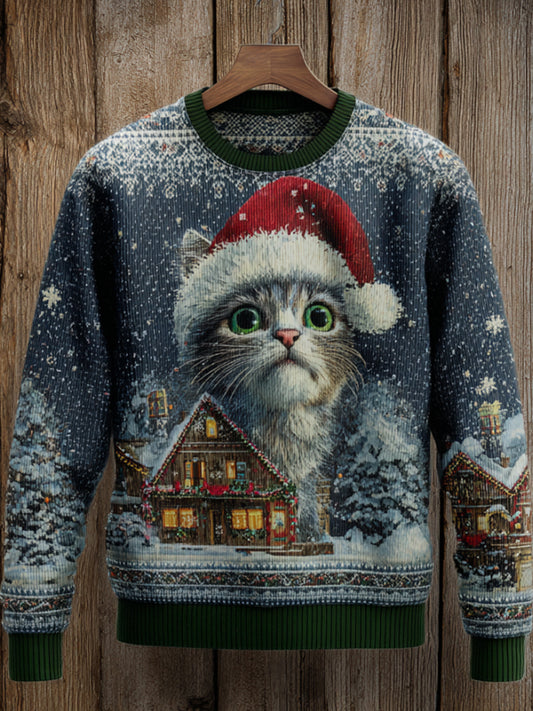 Men's Christmas Cat Fair Island Round Neck Sweater artswardrobe