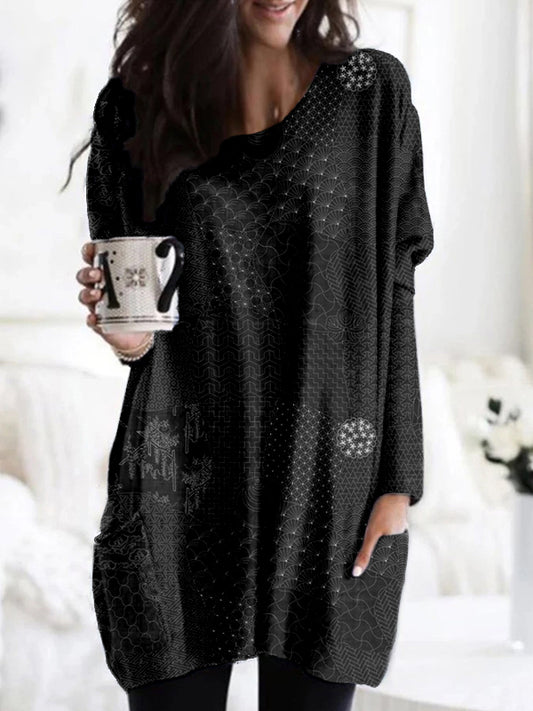 Comstylish Japanese Traditional Sashiko Art Patch Pocket Cozy Tunic