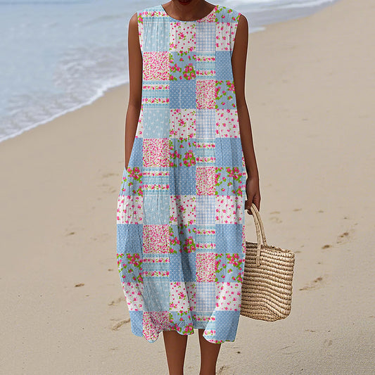 Women's Vintage Flower Geometry Art Print Linen Vest Dress artswardrobe