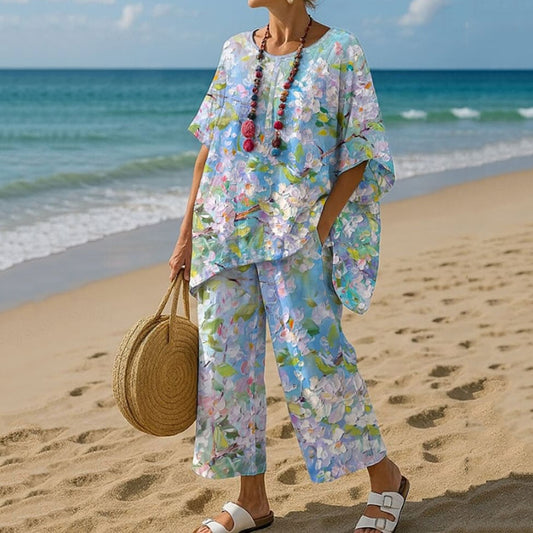 Women's Oil Painting Flowers Print T-shirt And Pants Two Piece Set artswardrobe