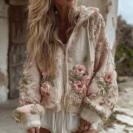Women's Vintage Rose Embroidery Art Long Sleeve Casual Zip-up Hoodie artswardrobe
