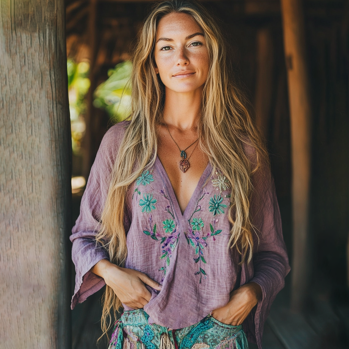 Boho Floral Tribal Embroidery Print Cotton And Linen Blend Loose Blouse artswardrobe