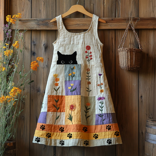 Vintage Abstract Creative Cute Black Cat With Floral Art Embroidered Cozy Linen Midi Dress elevenforest