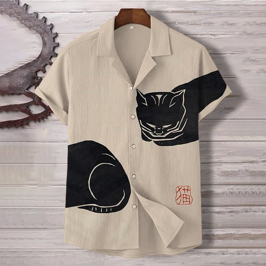 Men's Black Cat Japanese Lino Art Painting Print Hawaiian Beach Shirt elevenforest