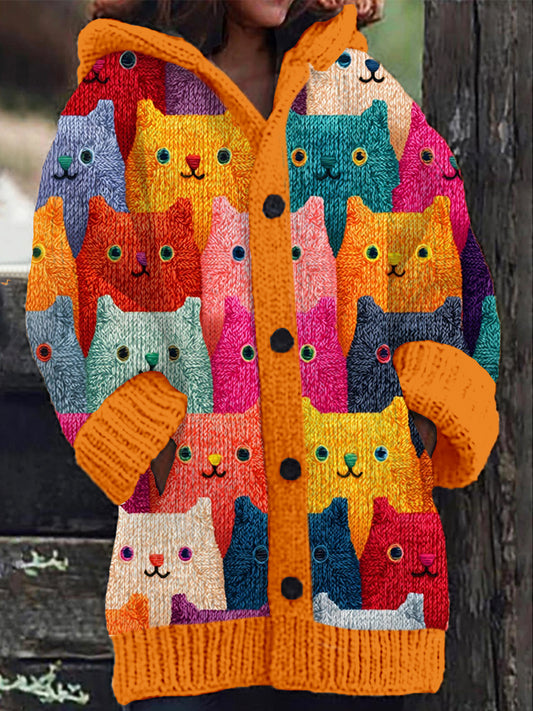 Comstylish Vintage Colorful Cats Pattern Cozy Hooded Cardigan