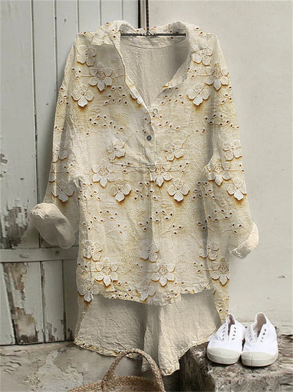 Comstylish 3D Floral Embroidered Lace Linen Blend Tunic