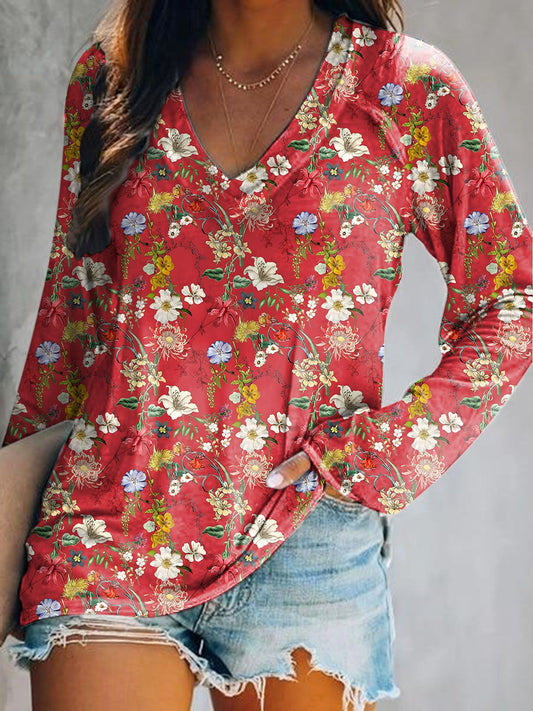 Women's Floral Art Print V-Neck Long Sleeve Top
