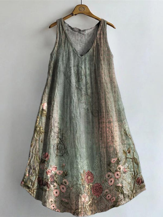 Women's Vintage Ethnic Floral Art Print V-neck Pocket Cotton Dress