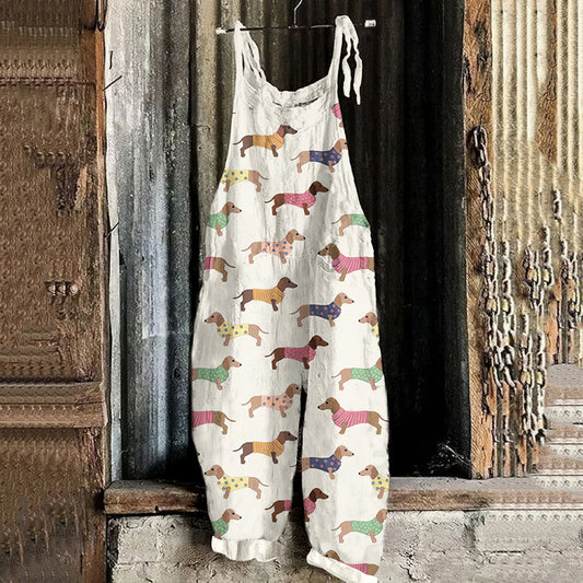 Comstylish Women's Vintage Dachshund Casual Linen Jumpsuit