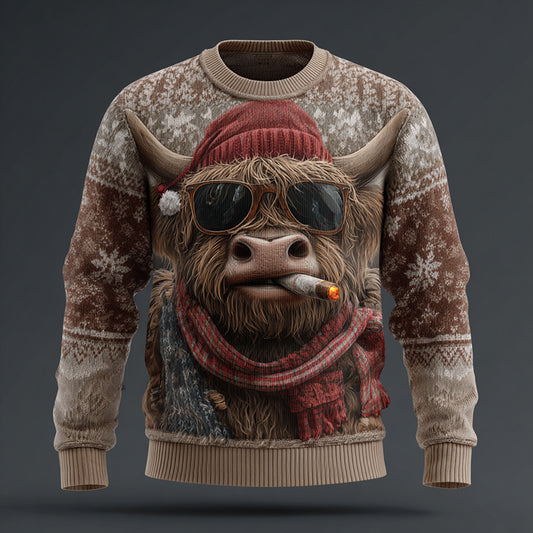 Comstylish Men's Fun Vintage Christmas Highland Cow Print Knit Sweater