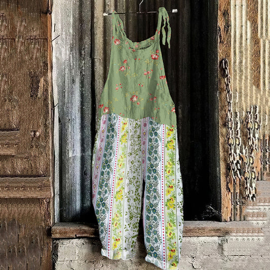 Women's Bohemian Style Floral Linen Print Cotton Linen Jumpsuit artswardrobe