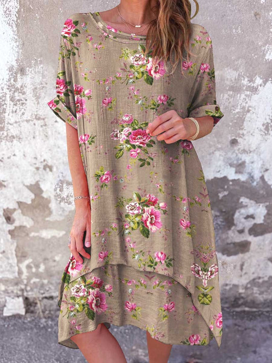 Women's Classic Floral Pattern Round Neck Cotton and Linen Dress