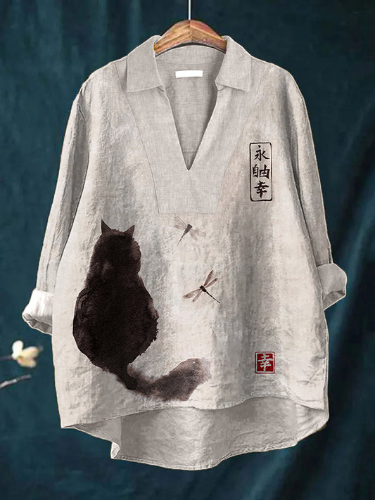 Comstylish Japanese Art Cat Print Linen Shirt