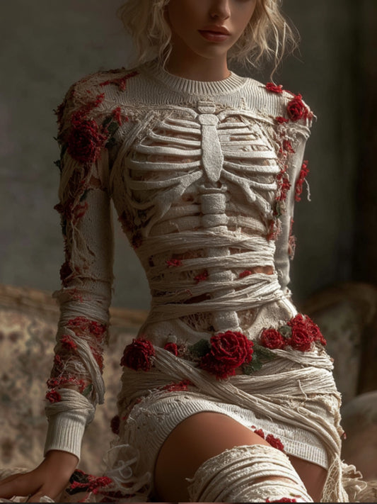 Comstylish Women's Halloween Skeleton Rose Art Vintage Round Neck Mini Skirt