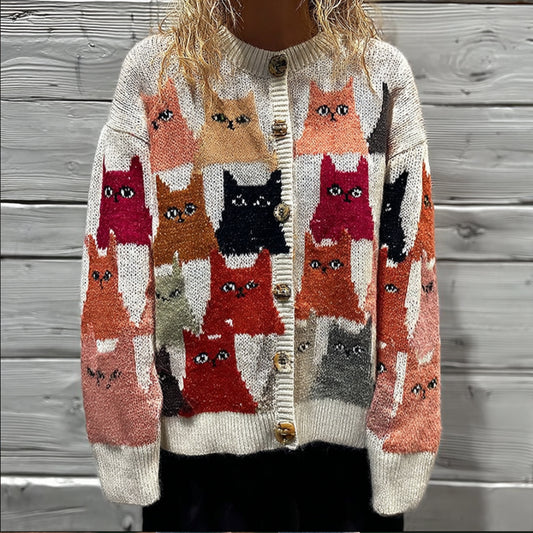 Comstylish Women's Cat-themed Embroidered Cardigan Sweater