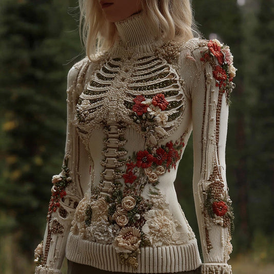 Comstylish Vintage Skull Floral Embroidery Art Jacquard Knit Turtleneck Sweater