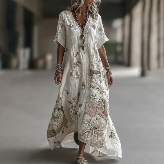 Women's Vintage Floral Embroidery Art Linen Blend V Neck Maxi Dress