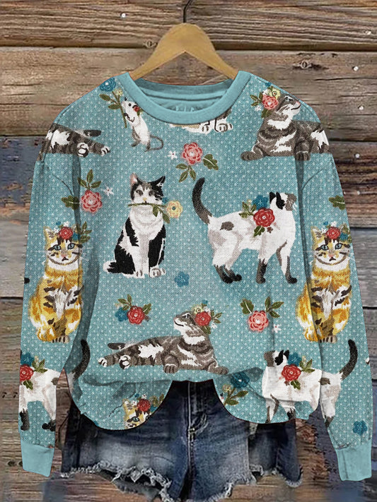 Vintage Polka Dot & Cats Print Long Sleeve Sweatshirt artswardrobe