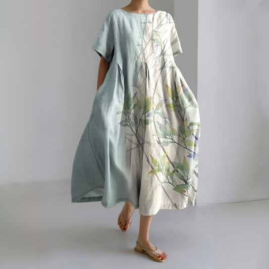 Comstylish Japanese Style Floral Print Short Sleeve Loose Midi Dress