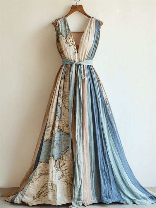 Vintage Old Map Contrast Patchwork Linen Maxi Dress artswardrobe