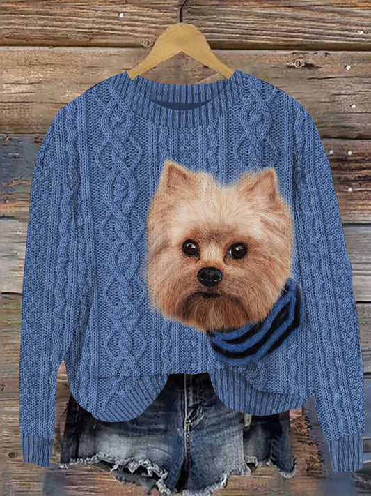 Comstylish Funny Yorkshire Terrier Puppy Embroidery Art Applique Cozy Sweater