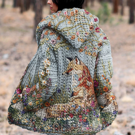 Fox Flower Print Long Sleeve Kint Hooded Cardigan artswardrobe
