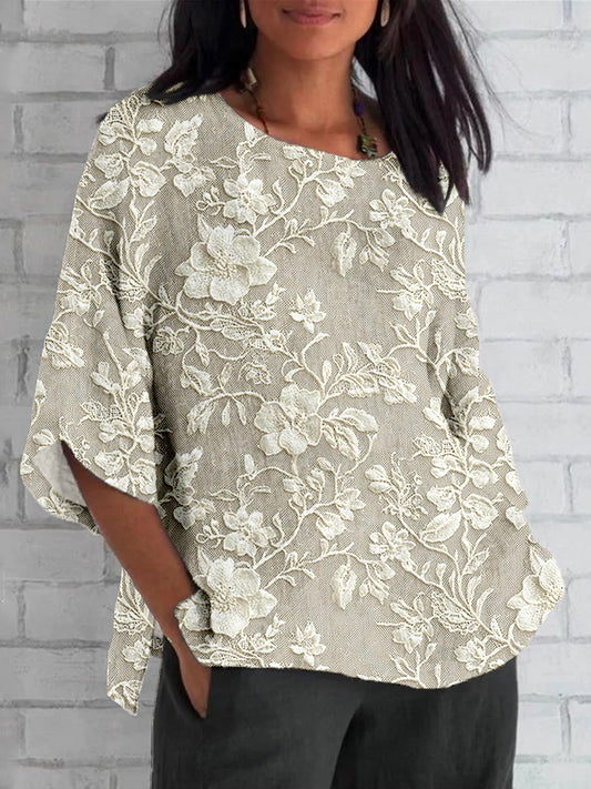 Comstylish Vintage Floral Lace Embroidered Linen Blend Cozy Tunic