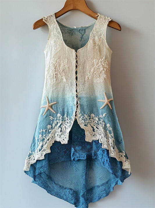 Starfish Embroidered Sea Waves Lace Layered Flowy Linen Tank artswardrobe