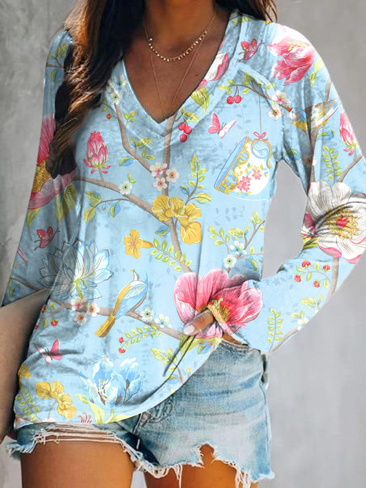 Women's Floral Art Print V-Neck Long Sleeve Top