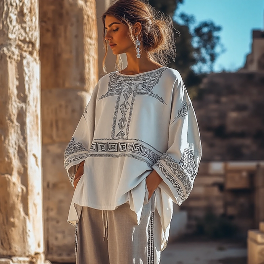 Vintage Greek Key Linen Blend Crew Neck T-shirt artswardrobe