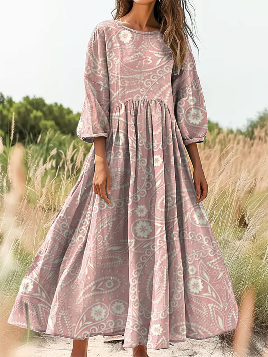 Women's Retro Paisley Floral Art Print Flowy Cotton Crew Neck Dress
