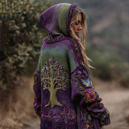 Comstylish Women's Vintage Tree Of Life And Floral Art Zip-up Knitted Hooded Cardigan