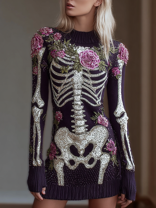 Comstylish Woman's Round-necked Knitted Sweater Dress With A Skeleton Design Combined With Plant And Flower Patterns For Halloween.