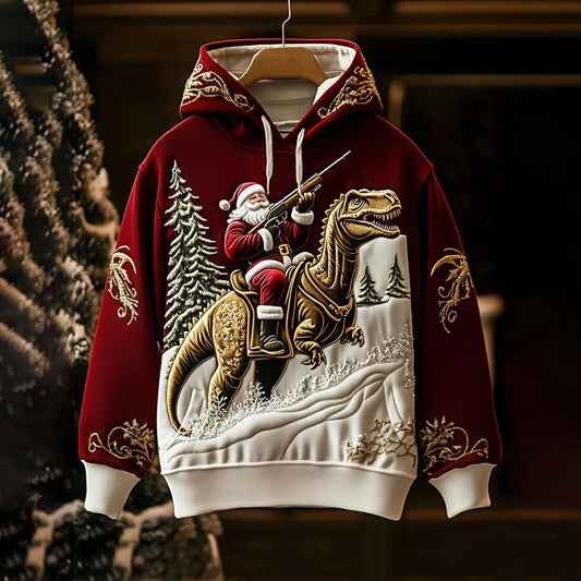 Comstylish Men's Christmas Santa And Dinosaur Relief Embroidered Art Hoodie