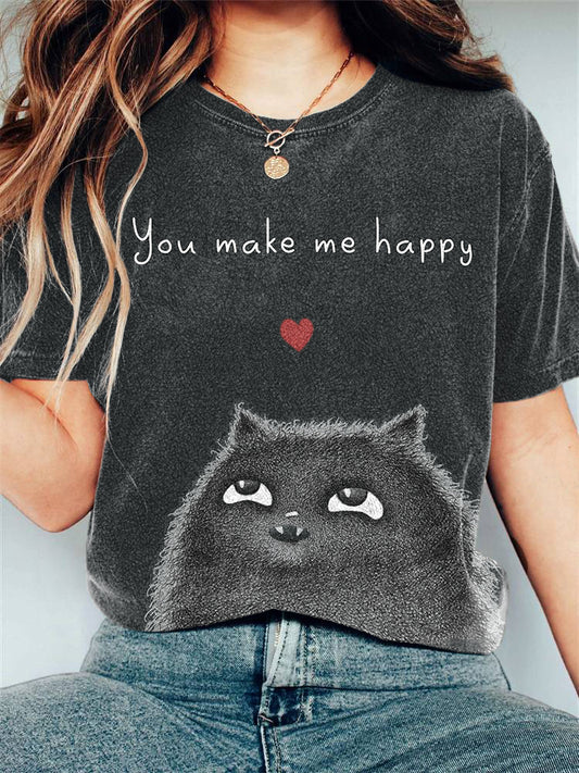 Women's Fluffy Cat Print Vintage Short Sleeve T-Shirt elevenforest