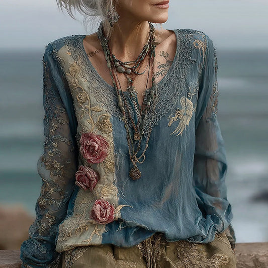 Women's Vintage Rose Floral Embroidery Linen Shirt artswardrobe