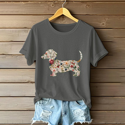 Comstylish Women's Classic Dachshund In Floral Inspired Painting Embroidered Casual Linen T-shirt