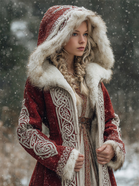 Comstylish Christmas Viking Celtic Cozy Fur Trim Hooded Cardigan