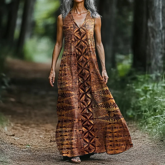 Women's Retro Geometric Print V-neck Loose Midi Dress artswardrobe