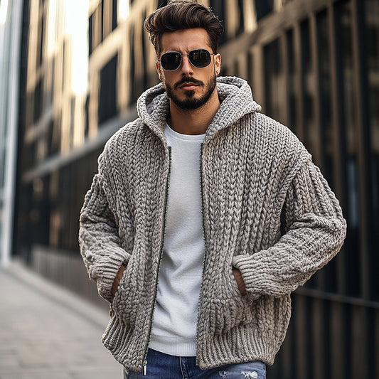 Vintage Chunky Knit Zipper Cropped Hooded Cardigan artswardrobe