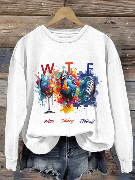 Women's Wtf Wine Turkey Football Print Casual Sweatshirt artswardrobe