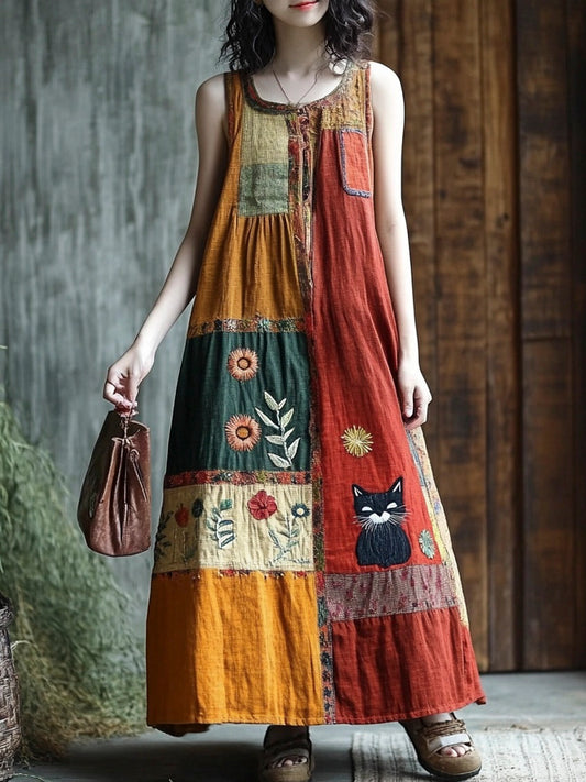 Comstylish Boho Floral & Cat Patchwork Linen Vest Long Dress