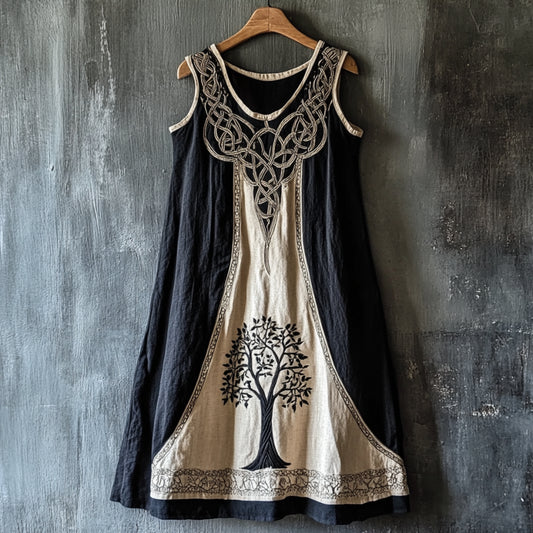 Vintage Viking Tree Of Life Art Linen Sleeveless Maxi Dress artswardrobe