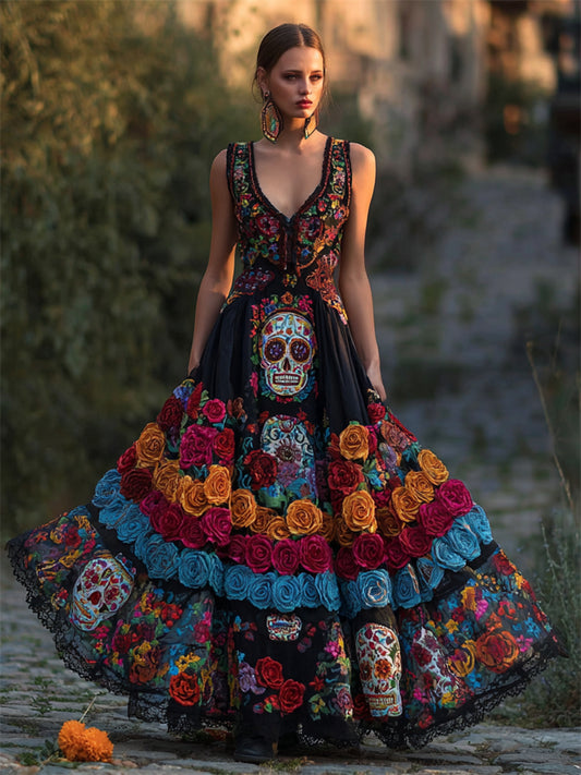 Comstylish Day Of The Dead Sugar Skulls Colorful Roses Flowy Maxi Dress