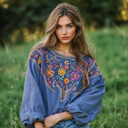 Comstylish Retro Floral Embroidery Print Cotton And Linen Blend Loose Blouse