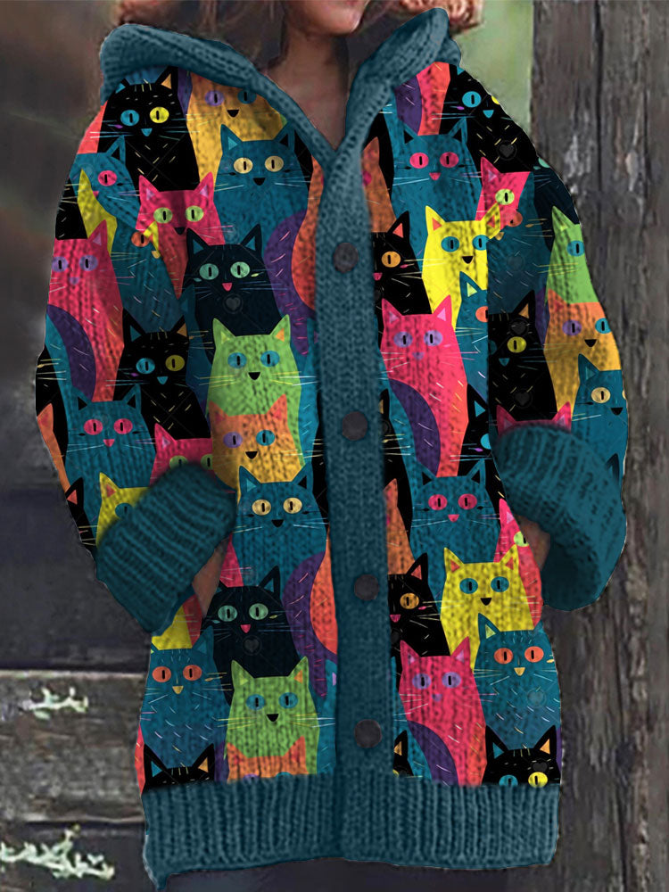 Colorful Cat Pattern Cozy Hooded Cardigan artswardrobe