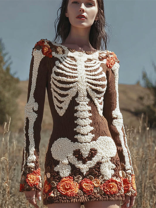 Halloween Skeleton & Floral Art Women's Knit Mini Dress artswardrobe