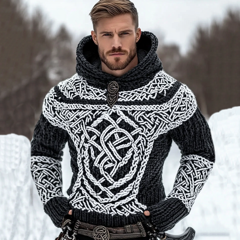 Men's Viking Tribal Jacquard Celtic Inspired Knit Hooded Sweater artswardrobe